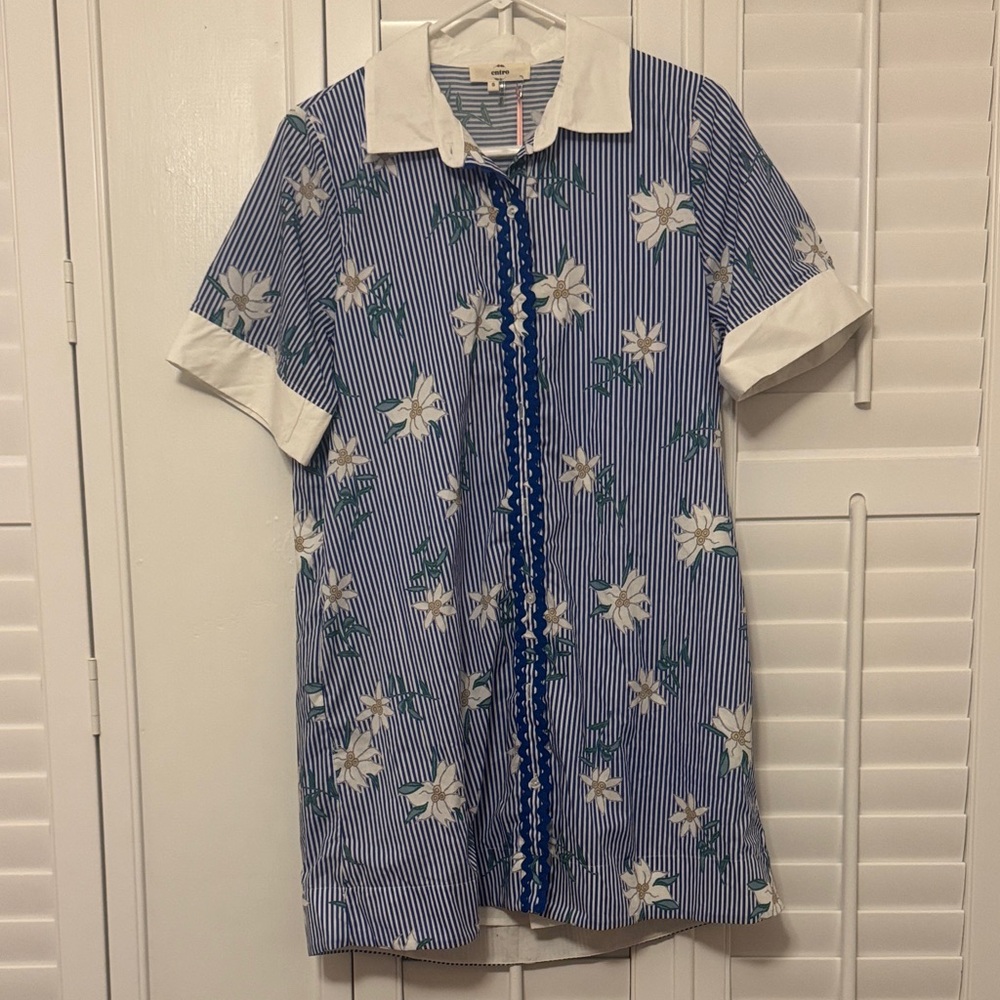 entro Blue Striped Floral Button-Front Midi Dress with White Collar